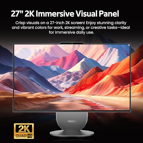 Image of Lenovo Yoga All-in-One Desktop AI PC, 27 inch QHD IPS+120Hz Display, Intel Ultra 7 255H, 16GB LPDDR5X, 2TB Storage(1TB SSD&1TB Docking Station), Intel Arc GPU, Wireless Charging, Wi-Fi 7, Win 11 Pro, Gray