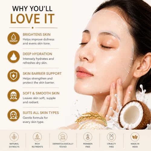 Image of Rice Water & Coconut Milk Face Sheet Mask for Glowing Skin | Niacinamide, Sodium Hyaluronate & Argan Oil | Brightening & Deep Hydration | Paraben-Free, Vegan | All Skin Types | 20g