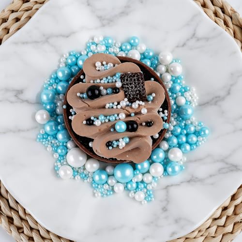 Image of Blue and White Sprinkles for Cake Decorating, 130g /4.6oz Edible Pearl Sprinkles Mix, Sugar Candy Pearls for Baking, Cookie Decorations and Cupcake Toppings, Wedding Shower Party Winter Supplies