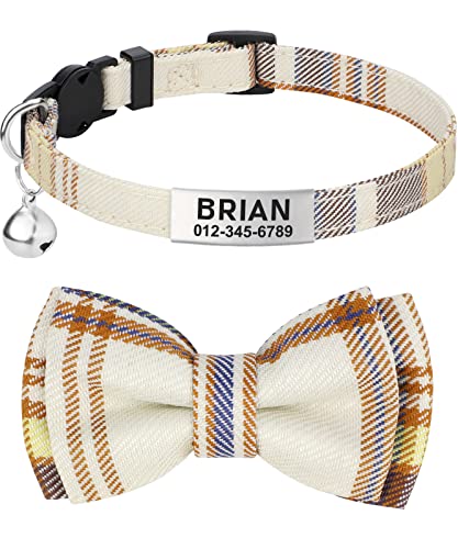 TagME Katzen halsbänder mit Namen und Telefonnummer Auf, Kätzchenhalsband mit Sicherheits Verschluss und Glöckchen, Plaid Khaki Cover