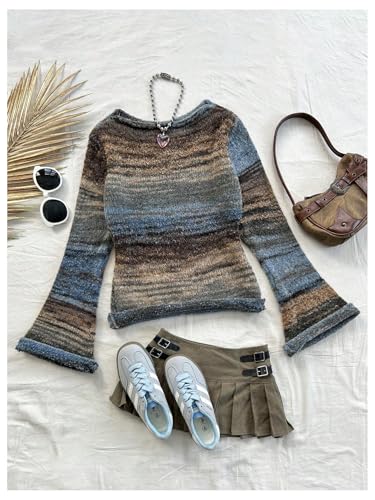 Image of BEAUDRM Women's Colorful Stripe Sweaters Crew Neck Bell Long Sleeve Knitted Pullover Tops Multicolor Small