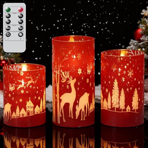Image of Wondise Red Christmas Reindeer LED Flameless Candles with Remote Timer, Electroplate Glass Battery Operated Real Wax Flickering 3D Wick Pillar Candles for Christmas Holiday Home Decoration