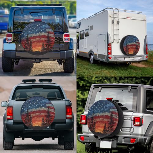 Image of Spare Tire Cover Forest Camping American Flag Wheel Covers Protectors Waterproof Dust-Proof Universal Fit Trailer, RV, SUV and Many Vehicle (15 inch for tire Diameter 27.55 inch-29.13 inch)