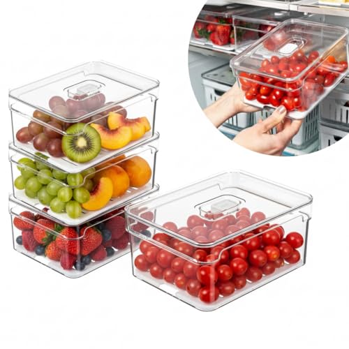 Kit 4 Organizadores Geladeira Armário Cozinha 2,2 Litros Alimentos Vegetais Caixa Plástica para Legumes, Saladas, Frutas