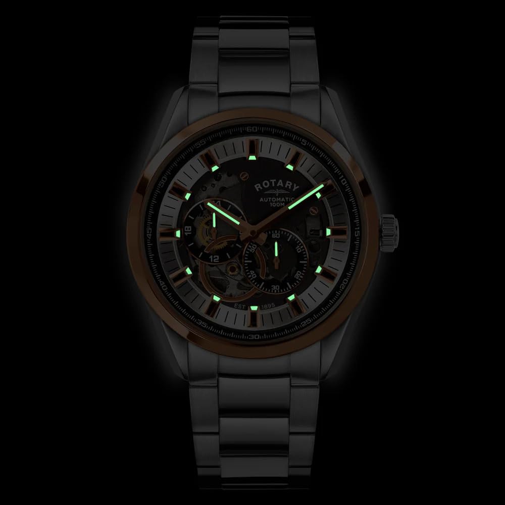 Rotary Seamatic Eclipse - Orologio da polso da uomo, resistente all'acqua fino a 100 m, placcato in oro rosa e argento