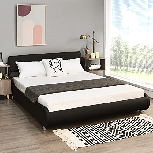 Giantex Bed Frame, Upholstered Mattress Foundation With Adjustable Headboard, Faux Leather Platform Bed, Low Profile Curved Bed Frame, Bed Base W/ Wood Slat Support, No Box Spring Needed (Queen) #TOP5