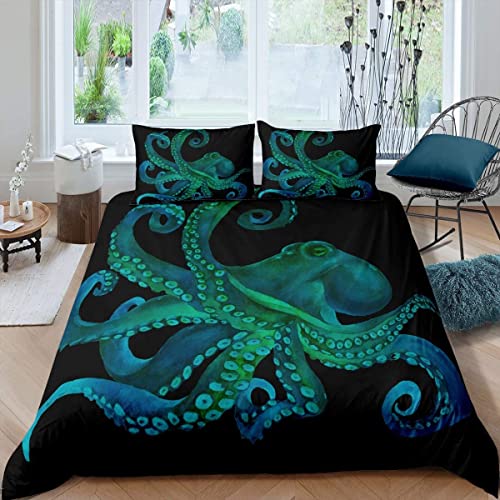 Homemissing Juego de ropa de cama con estampado de océano Kraken para dormitorio, sala de estar, decoración de habitación con temática de vida marina, funda de edredón con estampado de animales