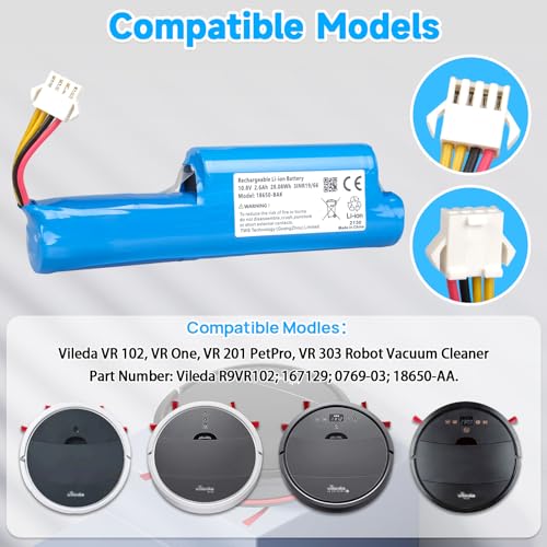 2600 mAh Akku Kompatibel mit Vileda VR 102, VR One, VR 201 PetPro, VR 303 Saugroboter, Ersatz Kompatibel mit Vileda R9VR102, 167129, 0769-03, 18650-AA
