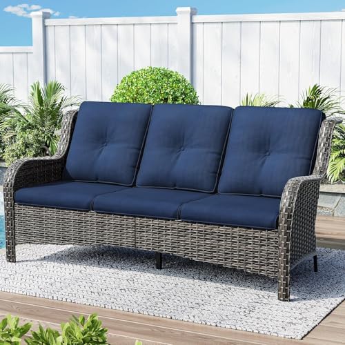Gardenbee 3-Seat Couch Wicker Patio Sofa Outdoors - Deep Seating and Soft Cushions, for Porch Deck Balcony, Hand-Woven Mixed Rattan, Navy