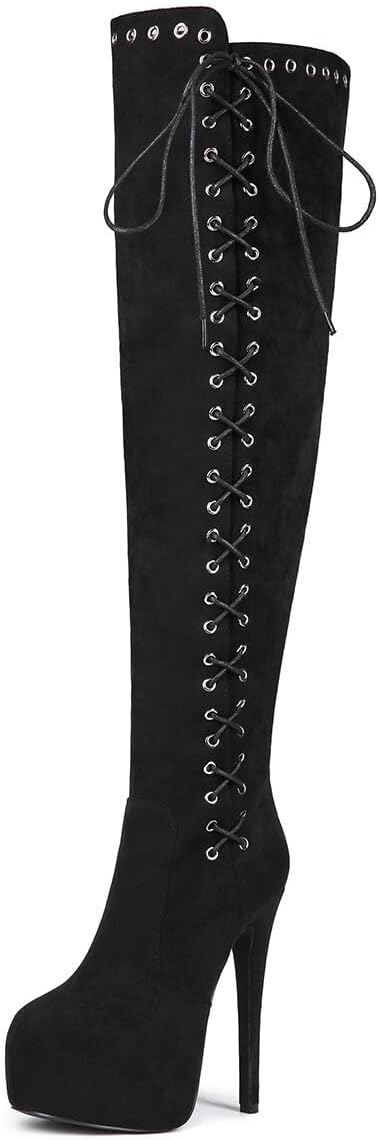 Feinlina Womens Black Suede Thigh High Platform Stiletto Heel Lace Up Boots