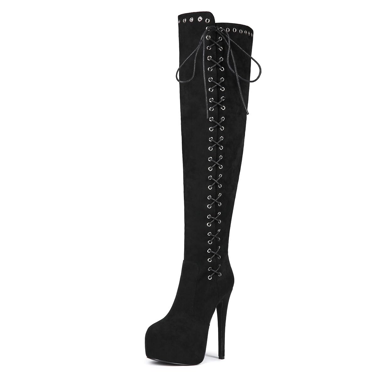 Feinlina Knee High Boots for Women Lace Up Suede Stiletto Zipper Side for Wedding Nightclub Black Fashion Boots