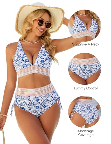 Image of Blooming Jelly Women High Waisted Bikini Sets Tummy Control Swimsuits Color Block Two Piece Drawstring Bathing Suit