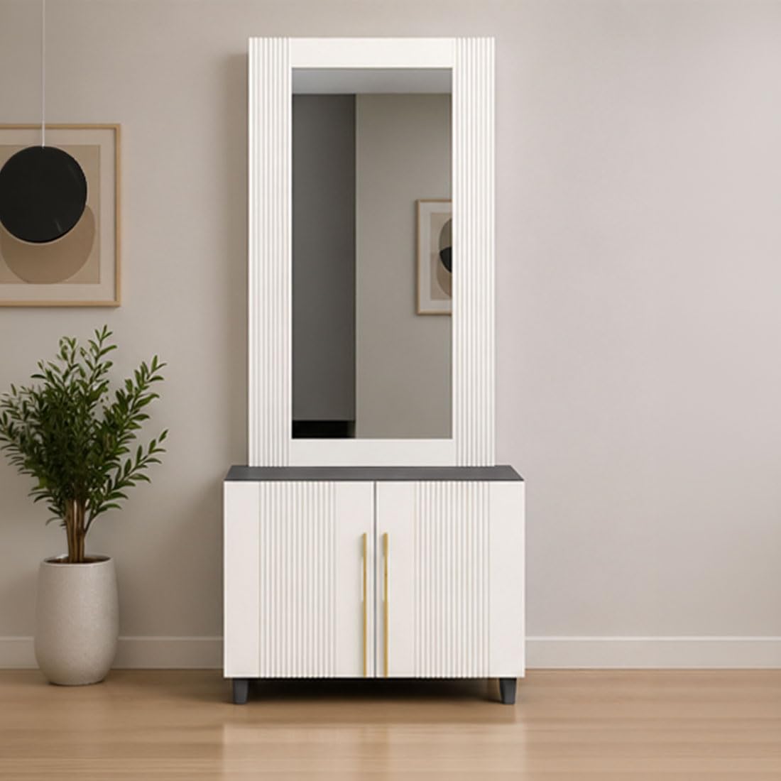 Matic Dressing Table | Double Door Storage, Gold Finish Handles, Ribbed Panel Design, Bedroom Furniture, Dark Top Surface-image-39
