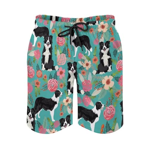 Border Collie Florals Mens Swim Trunks Quick Dry Hawaii Bathing Suit Board Shorts with Mesh Lining-2