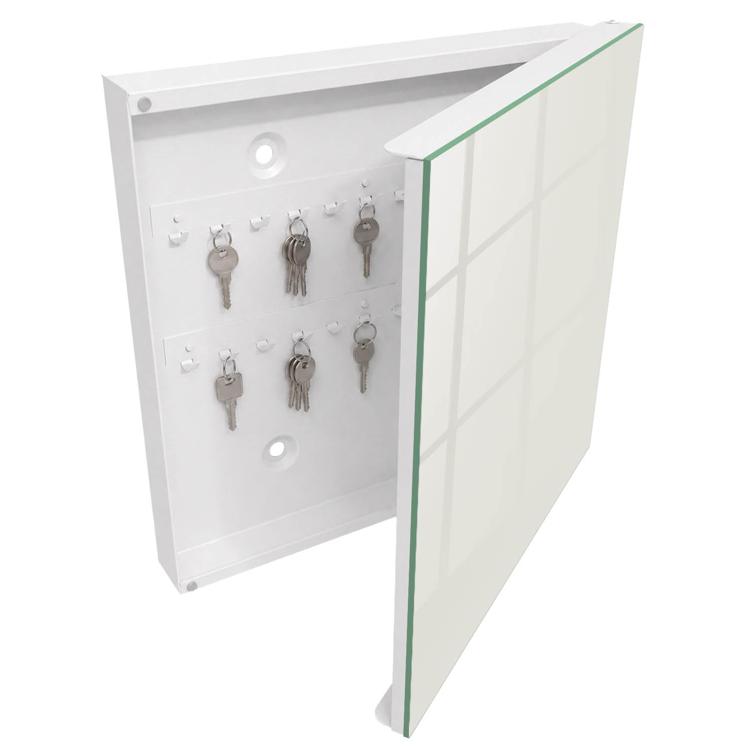 Armadietto Portachiavi 30x30 cm | Bianco | A Destra | Montaggio a Parete | Colore grigio | Tasselli e Viti Inclusi | per Uffici | Frontale Decorativo in Vetro Temperato | in Metallo