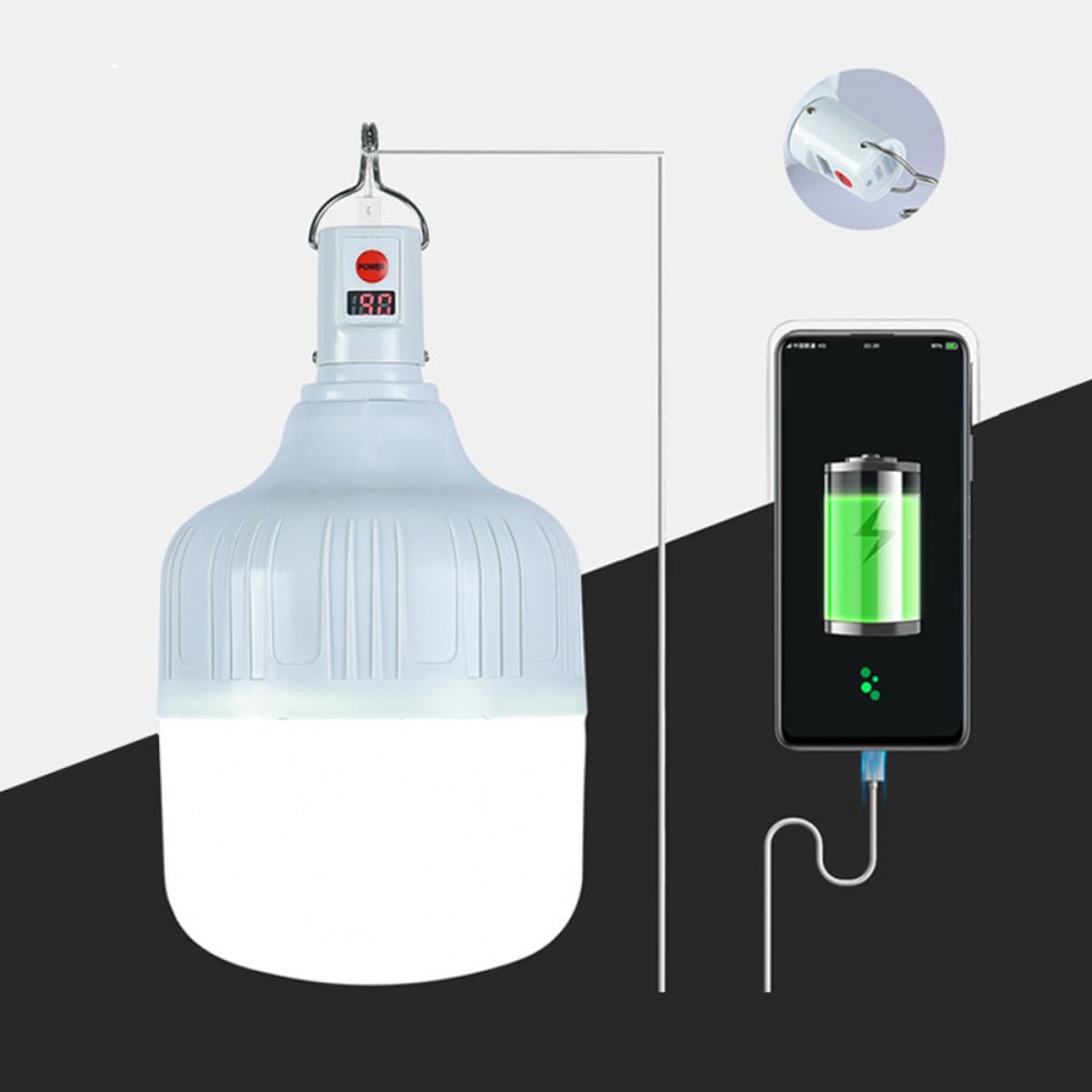 Lampe de Camping Plastique Blanc LED Rechargeable 100w 3 Niveaux de Luminosité, Batterie 1200mah Pêche de Nuit Urgences