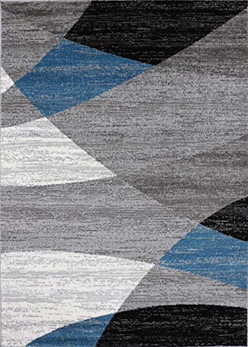 VIMODA Teppich Geometrisches Muster Meliert in Blau Grau Weiß Schwarz Kurzflor Wohnzimmer, Maße:160x220 cm