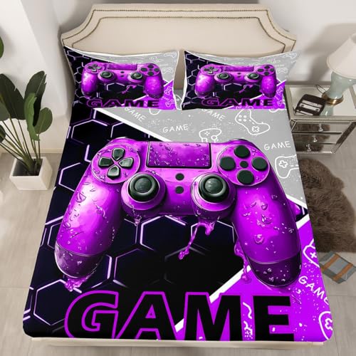 Gaming Boys Fitted Sheet Queen Size,Purple Video Game Consoles Gamepad Mattress Cover with 2 Pillowcases,Honeycomb Geometry Gamer Room Decor Deep Pocket Bed Sheet for Kids Boys (No Top Sheet)