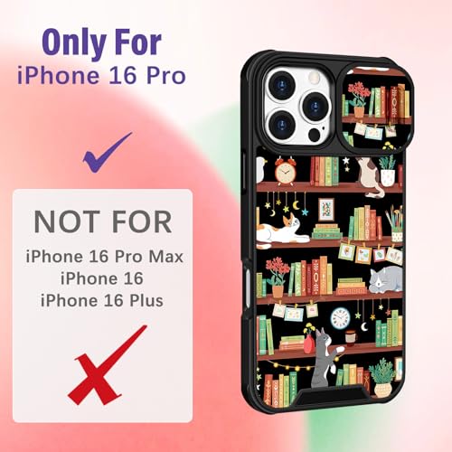 Image of Funermei for iPhone 16 Pro Case - Women Girls Cute Phone Cover Girly Pretty Aesthetic Cat and Books Unique Design with Camera Cover Funda for Apple for iPhone 16 Pro
