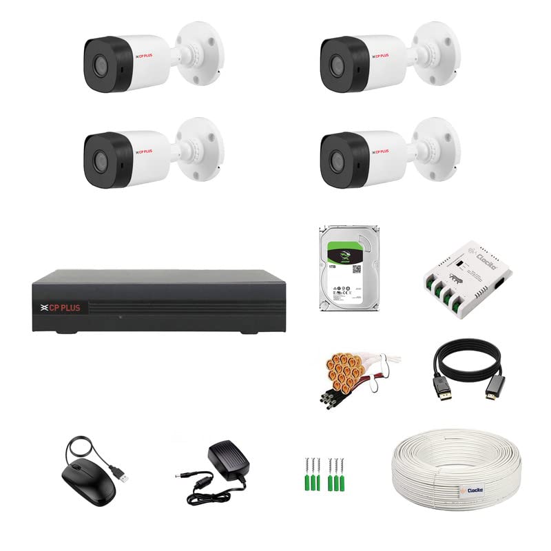 Image of CP Plus 4 Channel DVR with 5MP 4 Bullet Cameras (Day /Night Vision) + 1TB HDD + Copper Cable Roll (1+3) + 4 CH Power Supply + BNC & DC Full Combo Kit