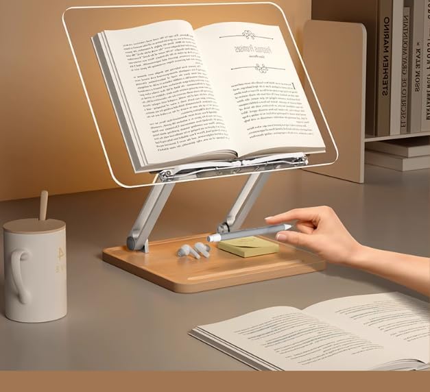 Metahoga Adjustable Acrylic Book Stand for Reading, Book Holder with Pen Slot, Foldable Desktop Riser for Laptop, Recipe, Textbook – Hands-Free,Cookbook Stand, Clear Design with Page Clips