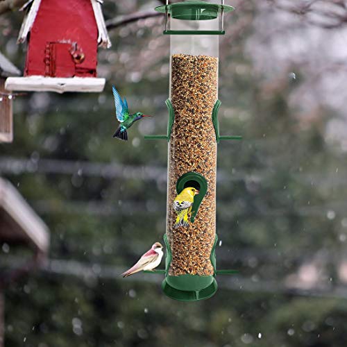 ERYTLLY Bird Feeder Classic Tube Hanging Feeders for All Kinds of Birds,Weatherproof, Advanced Hard Plastic with Metal Hanger (1 Pack) (Green 6 Ports Bird Feeder-1 Pack) - Thumbnail 2