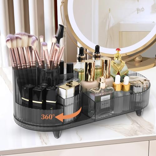 Zufudo Makeup Organizer for Vanity 360 Rotating Plastic Makeup Brush Holder Large Cosmetic Skincare Organizer for Lotion Lipstick, Model 8056 Grey