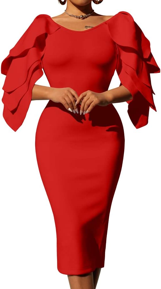 DAAWENXI Women's Elegant Ruffle Off The Shoulder Zipper Empire Midi Cocktail Dress