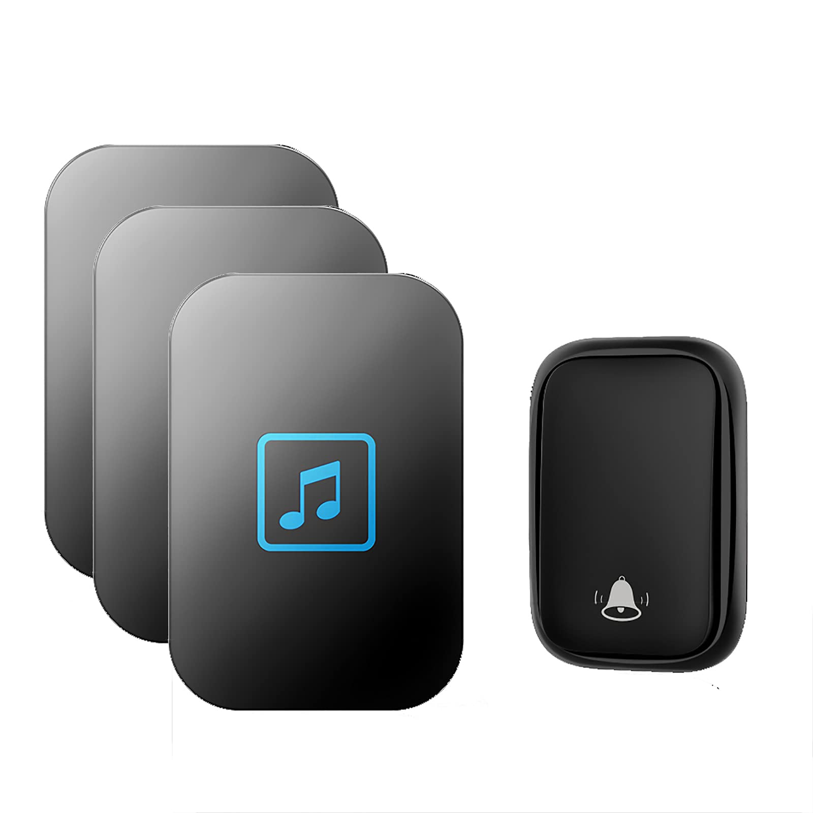 Campanello wireless autoalimentato, campanelli a lungo raggio da 490 piedi, campanello impermeabile IP44, 1 pulsante e 3 ricevitori plug-in Kit campanello senza fili, 60 campanelli, 5 volumi L, nero