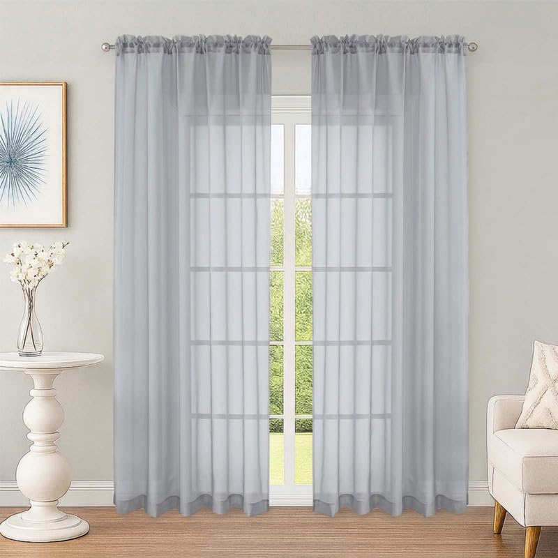 OWENIE Light Grey Sheer Curtains 84 Inch Long 2 Panels for Living Room