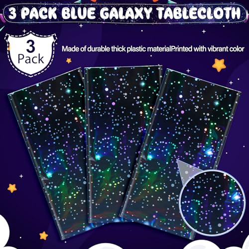 Image of 3Pcs Iridescent Space Tablecloths, Disposable Plastic Blue Galaxy Table Cloth Rectangle Table Covers for Space Starry Night Star Theme Party Birthday Party Decorations, 54x108 Inch