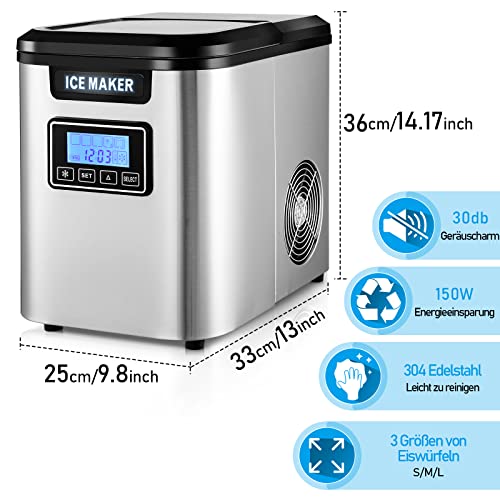 Cecaylie Eiswürfelbereiter 150W Eiswürfelmaschine Edelstahl Ice Maker 12kg 24h 3 Würfelgrößen 2.2 Liter Wassertank mit… – Bild 3
