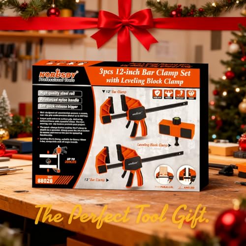 Image of HORUDSY 3-Pack 12-Inch Bar Clamps Set with Leveling Block Clamps, Heavy Duty 350LBS Load, One-Handed Quick Grip Woodworking Clamps, Expandable Spreader with Connector