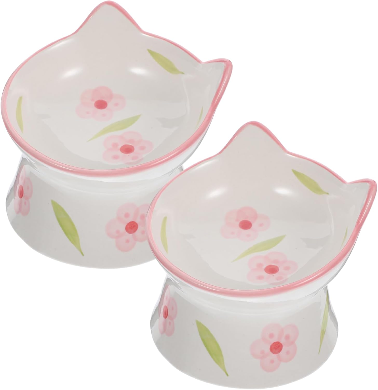 2pcs Elevated Cat Bowls Ceramic Cat Food and Water Dishes with Ear Design -Spill Structure for Easy Feeding for Indoor Pets