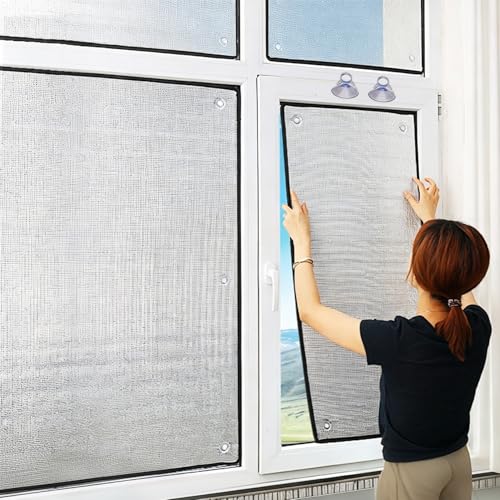 Lámina de Aluminio Doble Cara Reflectante Calor, Vinilo para Ventanas Aislante Lámina Termico, Película Reutilizable con Ventosas, Panel de Protector Solar Desmontable Antiespías(50x110cm)