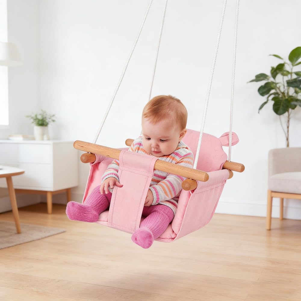Altalena per bambini in tela con sacchetto per orso, 29 x 29 x 31 cm, altalena in legno ecologico traspirante con cintura di sicurezza, carico massimo 25 kg regolabile per interni ed esterni, rosa