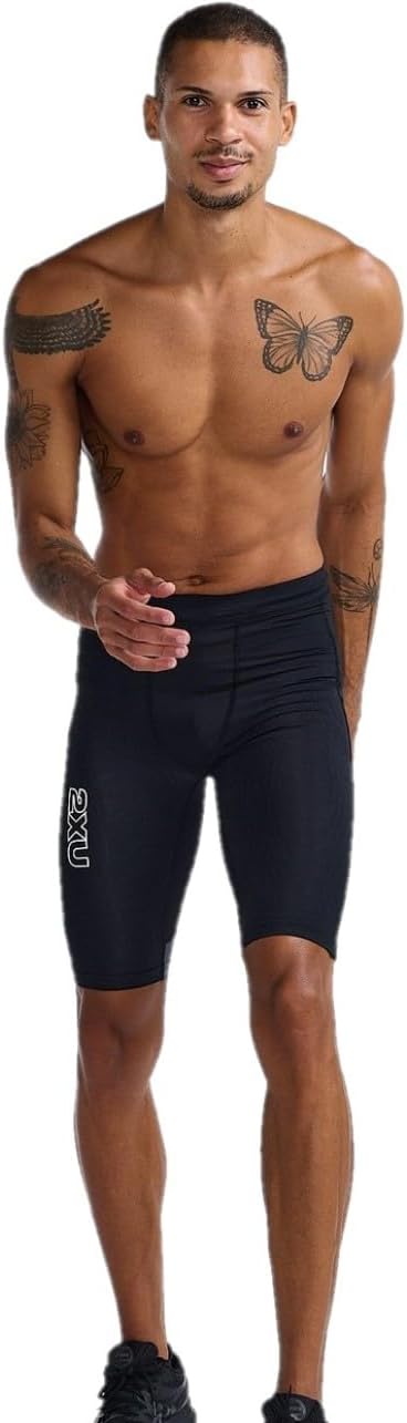 Light Speed React Men's Compression Shorts, Black/White Reflective, Size M, Recycled PWX Fabric, Multiple Storage Pockets