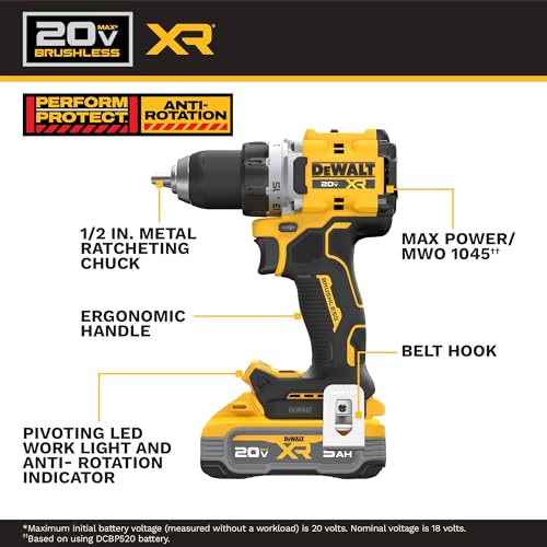 Image of DEWALT Drill Set 20V MAX XR, 1 /2 in. Brushless Cordless Drill Driver Kit With 5AH POWERSTACK Battery and Charger, LED Light, Dual Speed (DCD801H1)