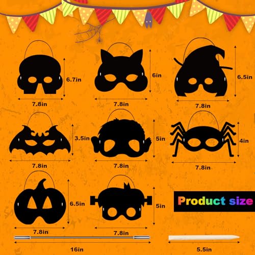 Natonhi 32Pcs Halloween Crafts for Kids, Rainbow Scratch Art Mask Kit - image 3