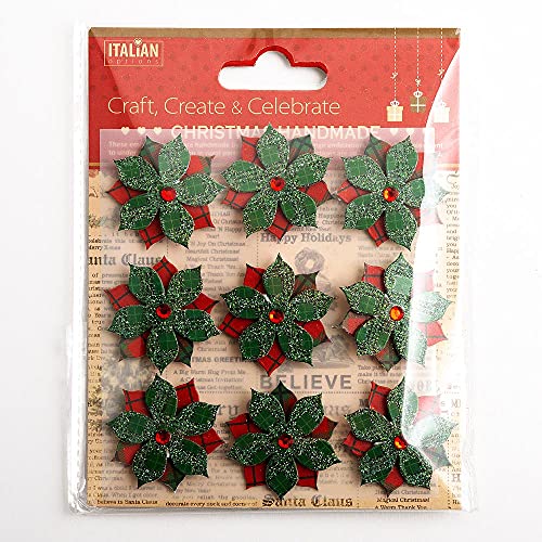 Italian Options 3cm Tartan Poinsettia Christmas Flower Craft Decorations - Self Adhesive (9 pcs)