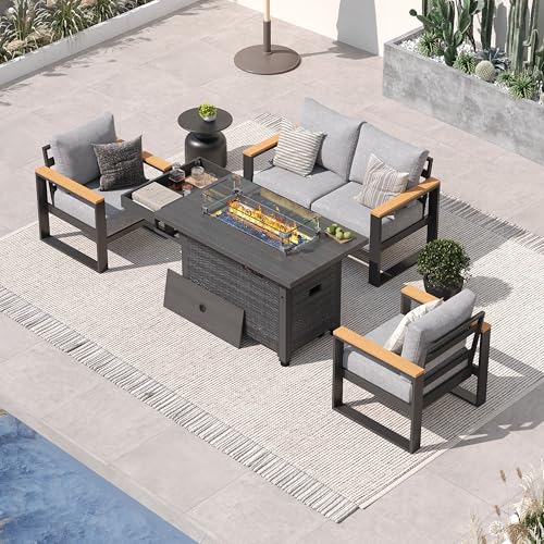 Image of Sundale Outdoor Aluminum Patio Furniture Set, 4 Piece Outdoor Conversation Sets with Fire Pit and 6 inch Thick Olefin Cushions, All Weather Outdoor Sectional Set for Deck, Lawn, Yard