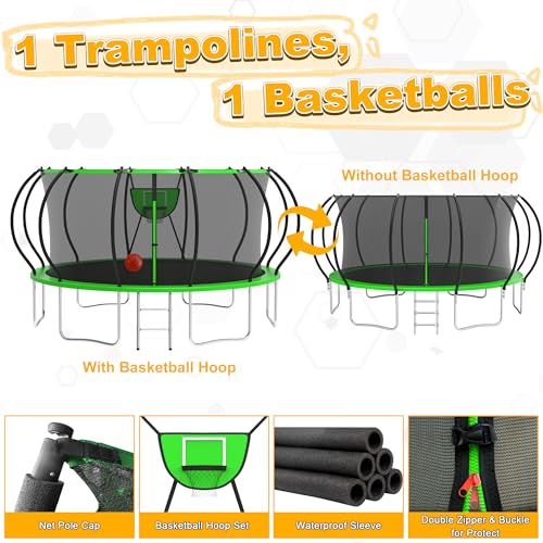 1500LBS Tranpoline Outdoor 8 10 12 14 16FT Tranpoline for Kids and Adults,【Easy to Install & Built to Last】 Recreational Tranpolines with Net, Light+Sprinkler, Basketball Hoop, ASTM Approved