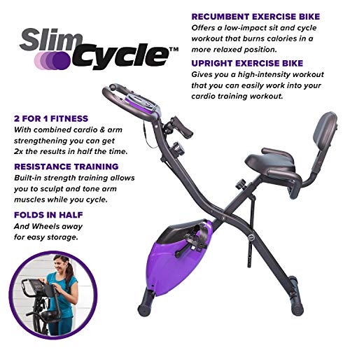 BulbHead Upgraded Slim Cycle Ultra Stationary Folding Indoor Bike with Arm Resistance Bands and Heart Monitor-Perfect Home Exercise Machine for Cardio, Purple