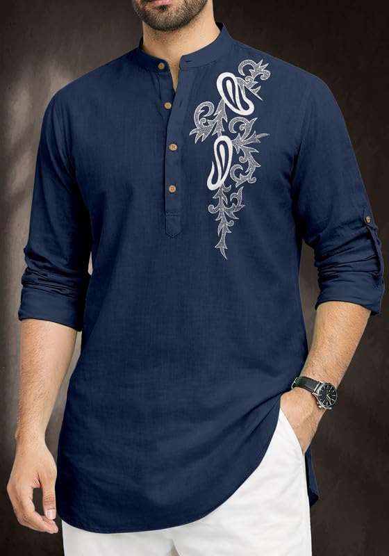 Image of Cotton Blend Self Design Printed Casual Short Kurta for Men Long Sleeve Mandarin Collar Stylish Kurta Shirt for Men