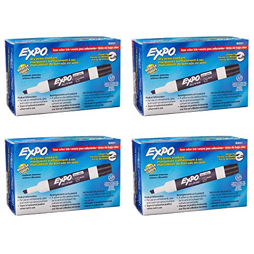 Expo 80001 Low Odor Chisel Point Dry Erase Markers, Low Odor Alcohol-Based Ink, Designed for Whiteboards, Glass and Most Non-Porous Surfaces, Black, 12 Units per Box, Pack of 4 Boxes, 48 Markers Total