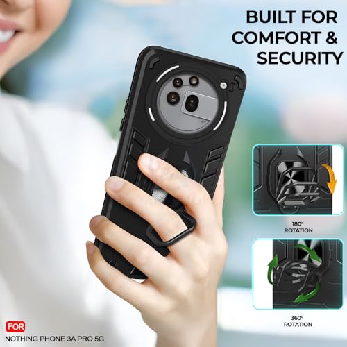 Image of AESTMO Nothing Phone 3A Pro 5G Back Case Cover | Tough Armor Bumper | Ring Holder & Kickstand in-Built | 360 Degree Protection Cover for Nothing Phone 3A Pro 5G (Black)