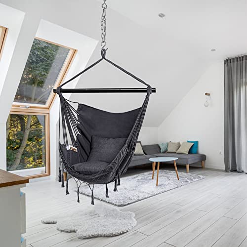 Jelofly Hammock Chair Large Hanging Rope Swing Seat Chair With Pocket Max 350 Lbs Superior Comfortable For Indoor Outdoor Home Bedroom Garden, Seat Cushions Not Included (Dark Grey) #TOP2