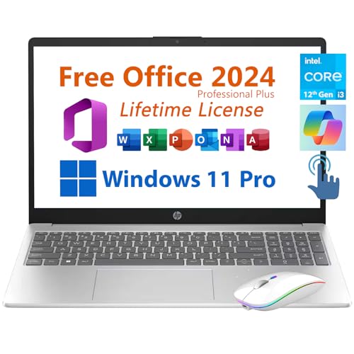 HP 15.6" Business Student Laptop, Free Microsoft Office 2024 Lifetime License, Copilot AI Chat, HD Touchscreen, Intel 6-Core i3-1215U 4.4 GHz, 16GB RAM, 2TB SSD, Long Battery Life, Windows 11 Pro