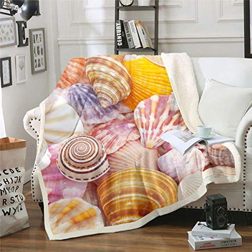 Seashell Fleece Throw Blanket Ocean Sherpa Blanket For Sofa Couch Bed Hawaiian Beach Plush Blanket Aquatic Animal Printed Fuzzy Blanket Bedroom Decor Throw 50X60 Inch #TOP22
