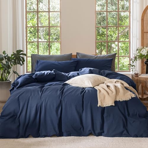 Image of MooMee Duvet Cover Set 100% Washed Cotton Linen Like Queen | Relaxed Linen-like Texture. Soft, Breathable & Long-lasting Comfort. Lightweight. Hidden Zipper with 8 Interior Corner Ties
